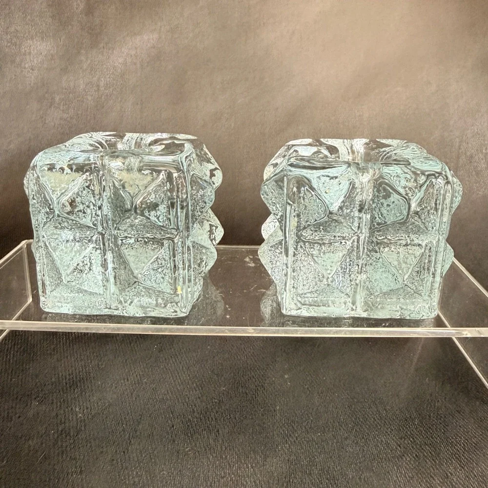 Blenko 802S Crystal Ice Glass Taper Candle Holders Pair 1980 MCM‎